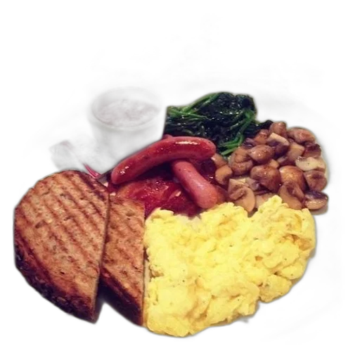 food, photorealistic, plate, scrambled, eggs, sausage, mushrooms, spinach transparent PNG cut-out