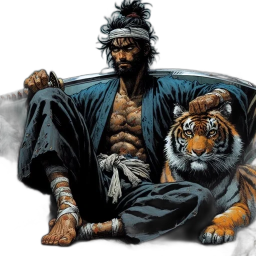comic book art, concept art, fantasy art, photorealistic, man, rugged, appearance, sits transparent PNG cut-out