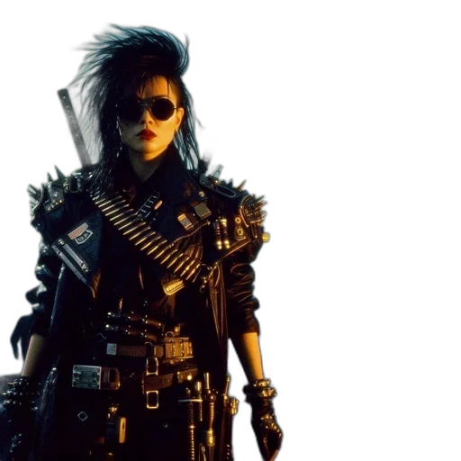 weapon, cyberpunk, concept art, comic book art, 3d render, woman, dressed, black transparent PNG cut-out