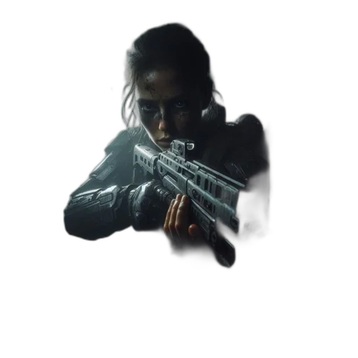weapon, staff, jacket, face, concept art, pixel art, 3d render, cyberpunk transparent PNG cut-out