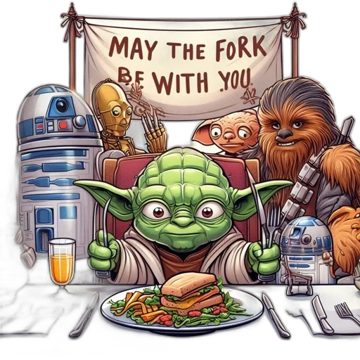 food, playful, illustration, yoda, enjoys, meal, alongside, familiar transparent PNG cut-out