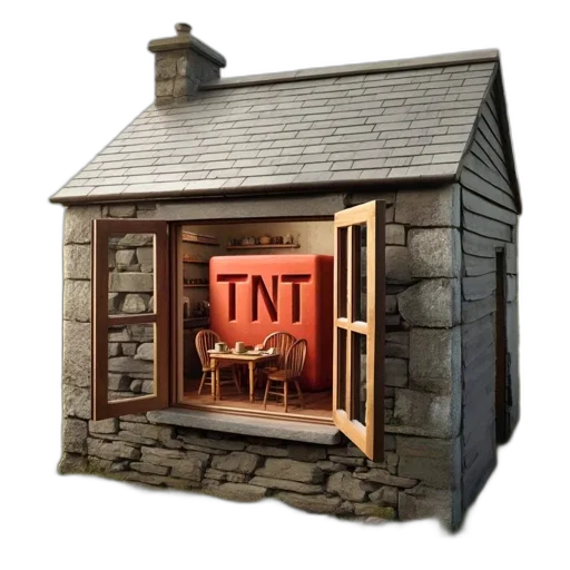 furniture, building, 3d render, concept art, stone, cottage, open, door transparent PNG cut-out