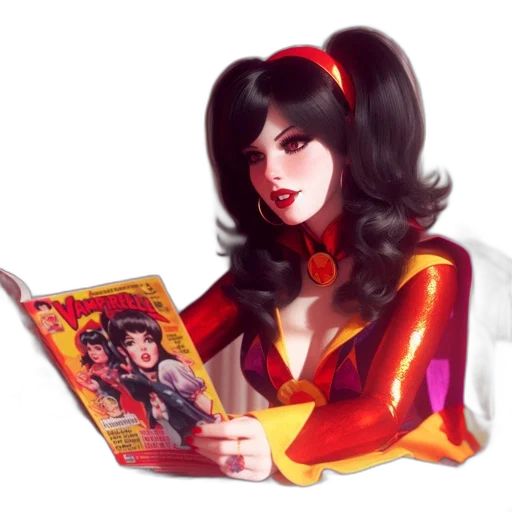 comic book art, concept art, fantasy art, cartoon, red, woman, styled, twin-bunned transparent PNG cut-out