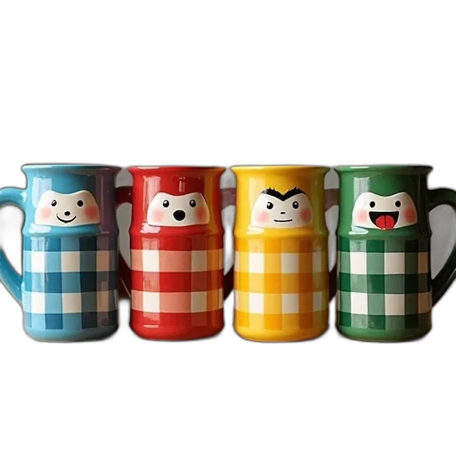 3d render, collection, four, ceramic, mugs, plaid, pattern, cartoon transparent PNG cut-out