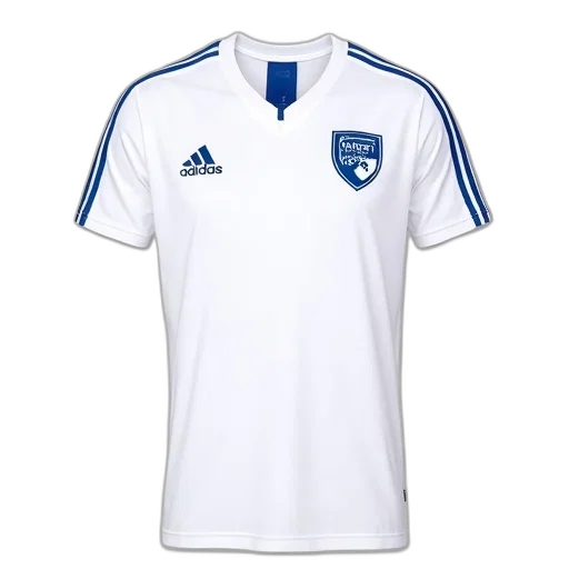 white, t-shirt, blue, stripes, sleeves, emblem, chest, has transparent PNG cut-out