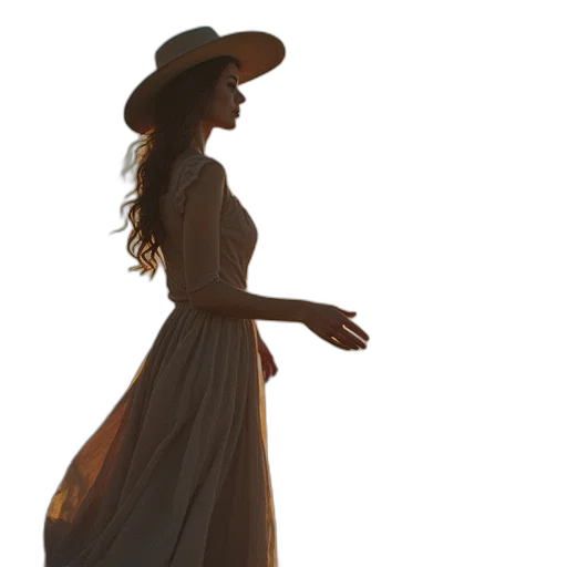 dress, hat, staff, concept art, 3d render, photorealistic, fantasy art, sunset transparent PNG cut-out