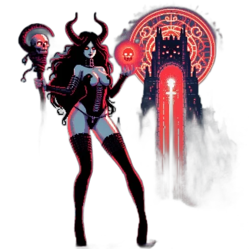 concept art, fantasy art, comic book art, pixel art, red, dark, mystical, scene transparent PNG cut-out