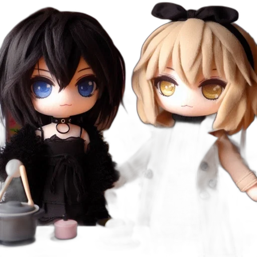 3d render, concept art, anime, photorealistic, monochrome, dark, two, dolls transparent PNG cut-out