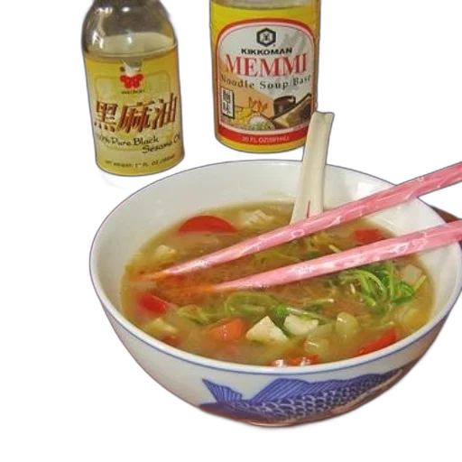 food, photorealistic, 3d render, bowl, soup, chopsticks, next, bottle transparent PNG cut-out