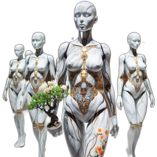 robot, jewelry, dress, concept art, fantasy art, 3d render, cyberpunk, earth tones transparent PNG cut-out