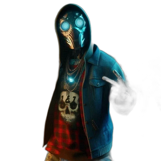 jacket, mask, robot, face, concept art, cyberpunk, 3d render, photorealistic transparent PNG cut-out