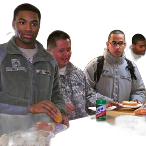 man, army, jacket, getting, food, table transparent PNG cut-out