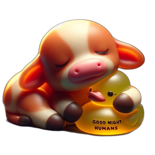 3d render, concept art, night, anthropomorphic, cow, rests, head, rubber transparent PNG cut-out