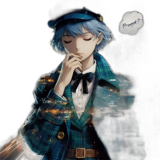 hat, anime, watercolor, concept art, pixel art, blue, monochrome, young transparent PNG cut-out