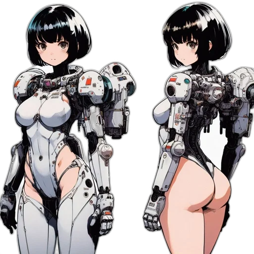 robot, weapon, concept art, cyberpunk, anime, pixel art, outer space, monochrome transparent PNG cut-out