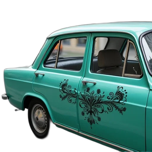 car, photorealistic, 3d render, teal, black, floral, decal, rear transparent PNG cut-out
