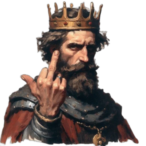 crown, pixel art, portrait, depicts, stern, regally, attired, man transparent PNG cut-out