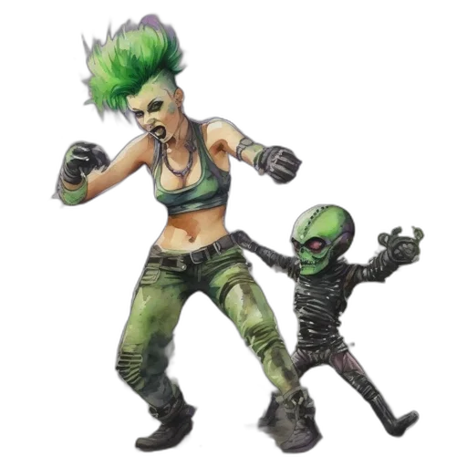 concept art, cyberpunk, fantasy art, 3d render, green, chaotic, landscape, woman transparent PNG cut-out