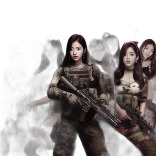 weapon, concept art, photorealistic, fantasy art, comic book art, group, women, wearing transparent PNG cut-out