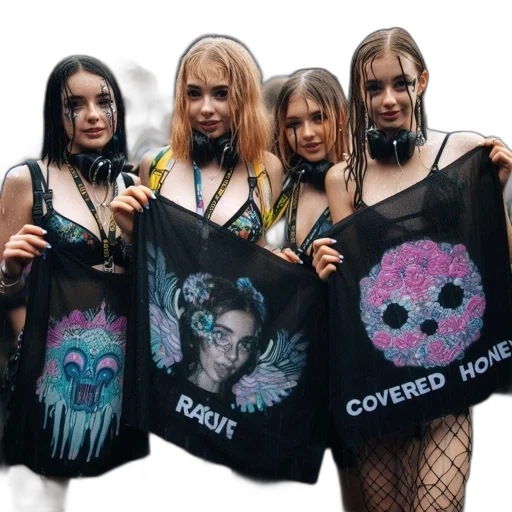 jacket, cyberpunk, concept art, four, wet, young, women, hold transparent PNG cut-out