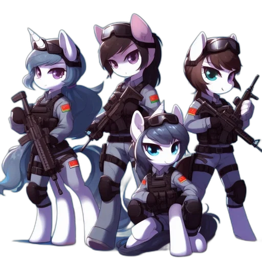 weapon, concept art, pixel art, cyberpunk, fantasy art, four, anthropomorphic, ponies transparent PNG cut-out