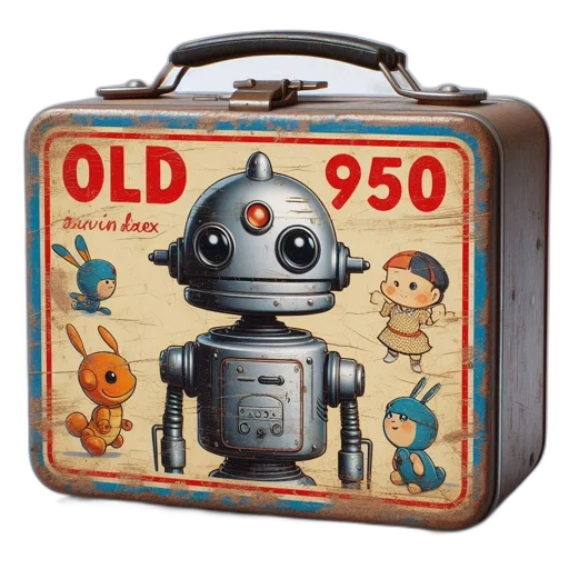 robot, concept art, 3d render, photorealistic, antique-style, lunchbox, illustration, worn transparent PNG cut-out