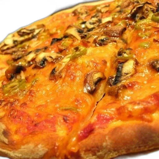 food, photorealistic, 3d render, close-up, delicious, pizza, topped, mushrooms transparent PNG cut-out