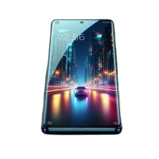 cyberpunk, smartphone, shows, luminous, cityscape, screen, neon-lit, road transparent PNG cut-out