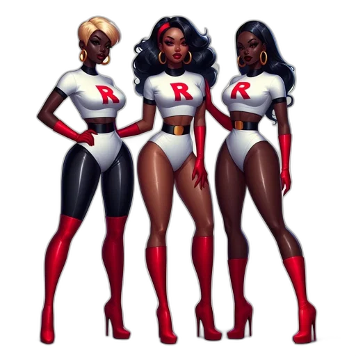 comic book art, concept art, pixel art, cartoon, red, three, women, coordinated transparent PNG cut-out