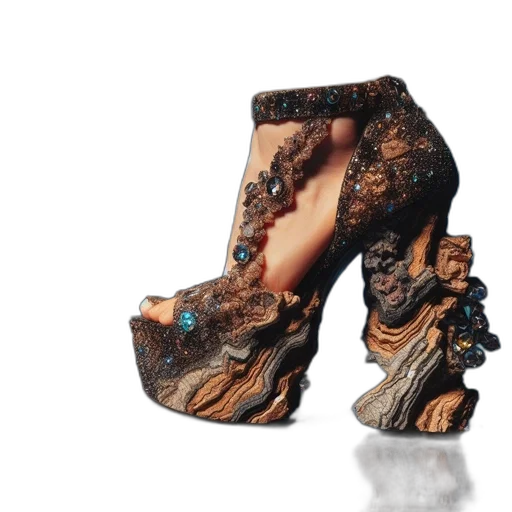 shoes, jewelry, 3d render, photorealistic, high-fashion, shoe, tree-trunk, heel transparent PNG cut-out