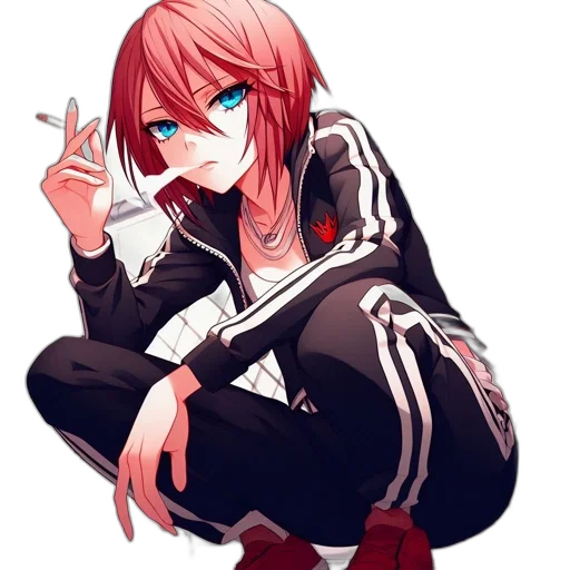 jacket, staff, weapon, anime, pixel art, cyberpunk, vaporwave, red transparent PNG cut-out