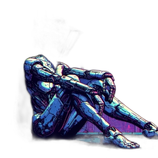 robot, shoes, jacket, weapon, concept art, cyberpunk, vaporwave, pixel art transparent PNG cut-out