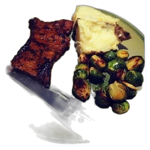 food, photorealistic, pixel art, plate, steak, mashed, potatoes, brussel transparent PNG cut-out