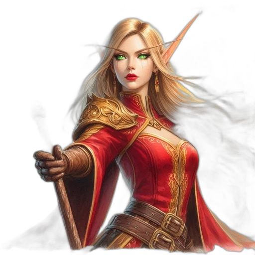 staff, fantasy art, concept art, comic book art, photorealistic, red, elf-like, woman transparent PNG cut-out