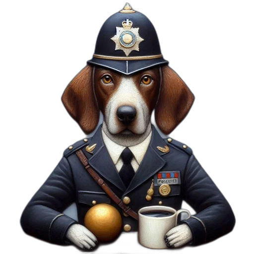 staff, anthropomorphized, beagle, police, uniform, serious, demeanor, sits transparent PNG cut-out