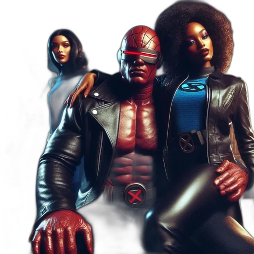 concept art, comic book art, cyberpunk, red, four, superhero-like, characters, stand transparent PNG cut-out