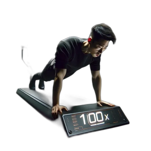 man, performs, plank, pose, high-tech, platform, surrounded, futuristic transparent PNG cut-out