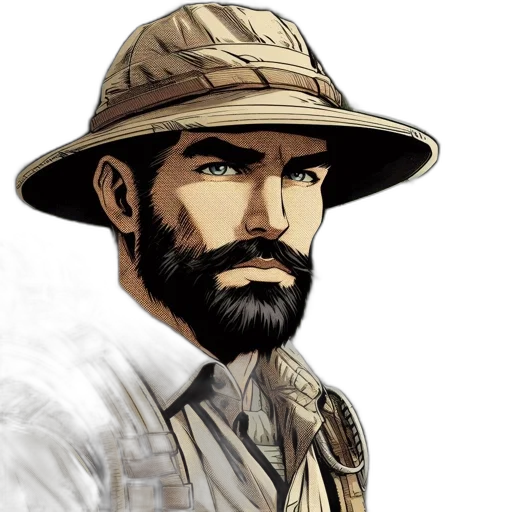 hat, face, comic book art, photorealistic, concept art, fantasy art, earth tones, explorer transparent PNG cut-out