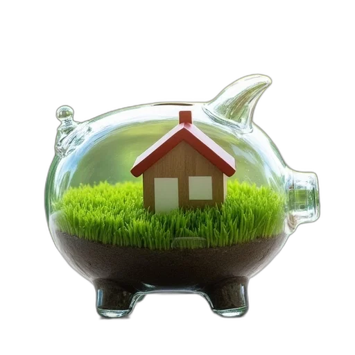 3d render, photorealistic, glass, piggy, bank, house, grass, top transparent PNG cut-out
