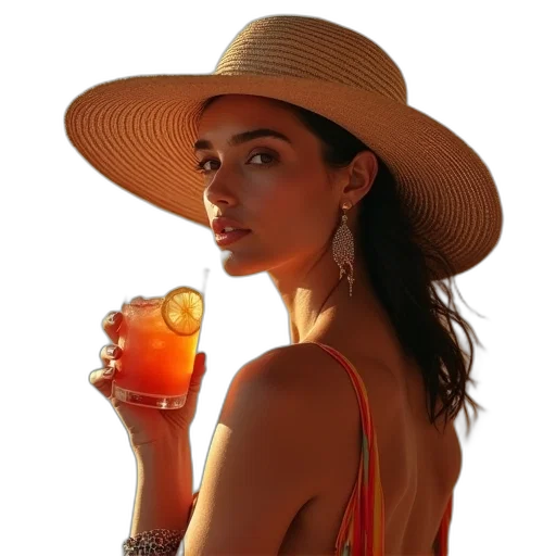 hat, jewelry, bottle, staff, photorealistic, woman, wide, brimmed transparent PNG cut-out