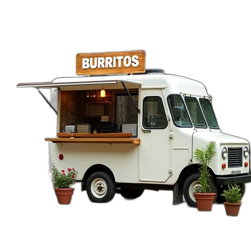 food, car, photorealistic, small, white, truck, sign, reads transparent PNG cut-out