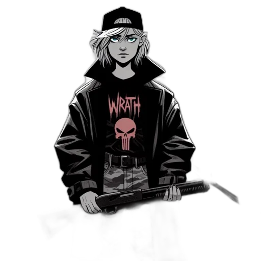 jacket, weapon, hat, sword, cyberpunk, concept art, comic book art, cartoon transparent PNG cut-out