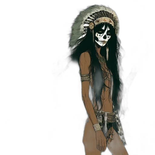 mask, staff, concept art, fantasy art, watercolor, comic book art, earth tones, woman transparent PNG cut-out