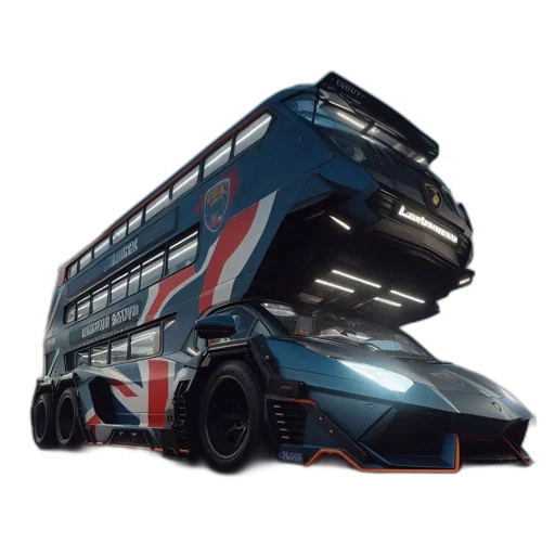 car, concept art, 3d render, cyberpunk, photorealistic, futuristic, double-decker, bus transparent PNG cut-out