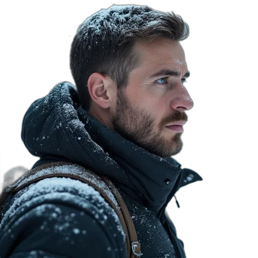 jacket, face, photorealistic, snow, adult, musk, looking, left transparent PNG cut-out