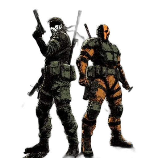 comic book art, concept art, pixel art, fantasy art, two, soldiers, one, armed transparent PNG cut-out