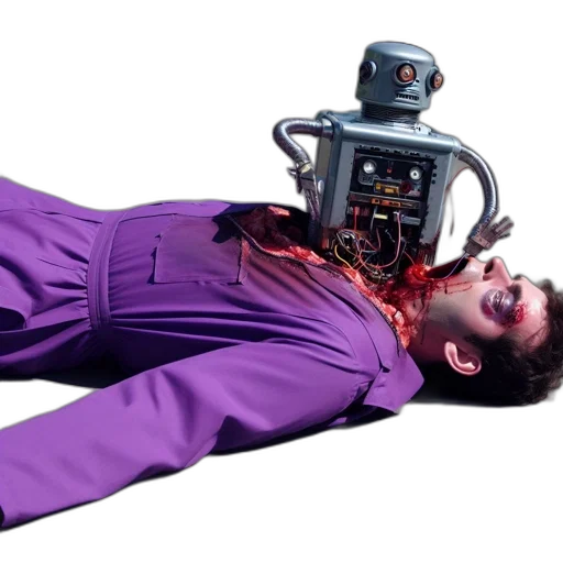 robot, creature, cyberpunk, outer space, man, lies, unconscious, beside transparent PNG cut-out