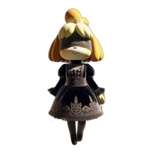 dress, crown, mask, staff, 3d render, concept art, large-headed, black transparent PNG cut-out