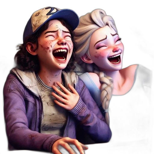 concept art, photorealistic, pixel art, 3d render, two, animated, characters, laugh transparent PNG cut-out