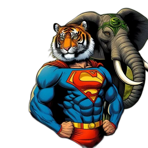 animal, comic book art, concept art, fantasy art, cartoon, anthropomorphic, tiger, elephant transparent PNG cut-out